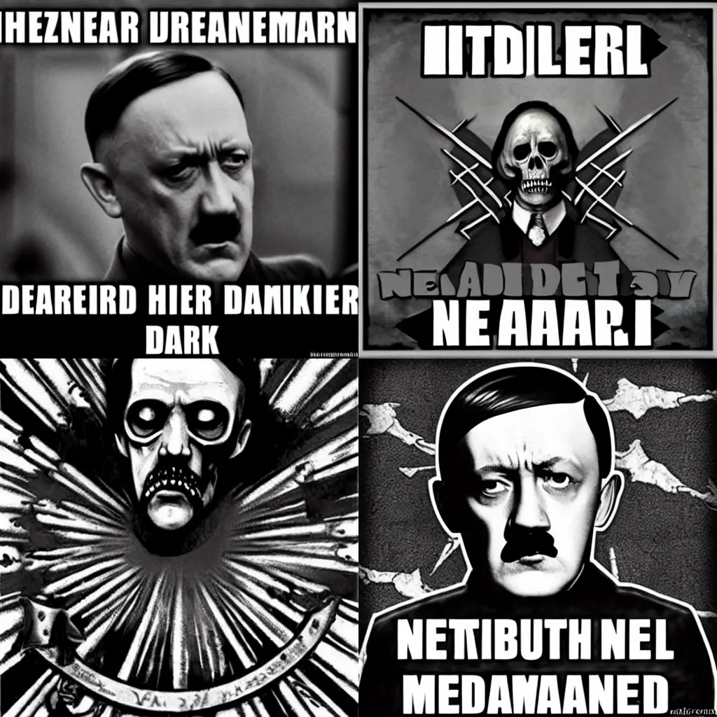 Prompt: Hitler has returned as undead necromancer, dark metal style