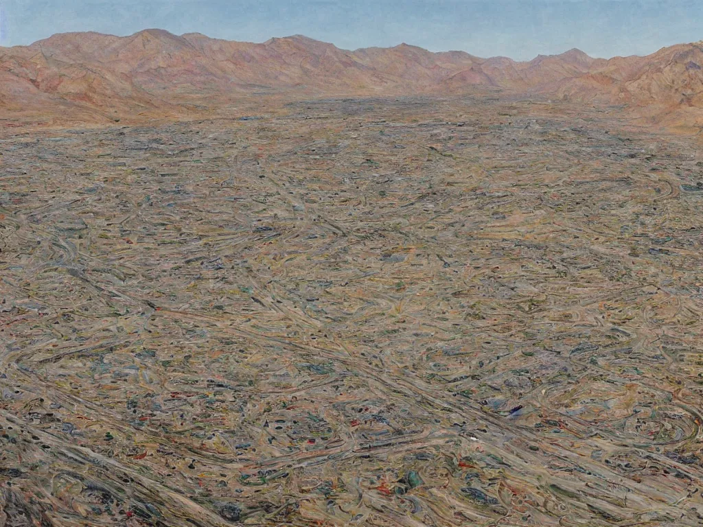 Image similar to landscape, large Trailer park in the desert near the oasis with a reservoir and rednecks, painting by style Julie Mehretu