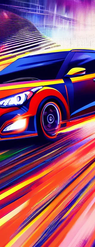 Image similar to hyundai veloster n racing down tokyo highway at night, digital art, super aesthetic, art station, cartoon novel style