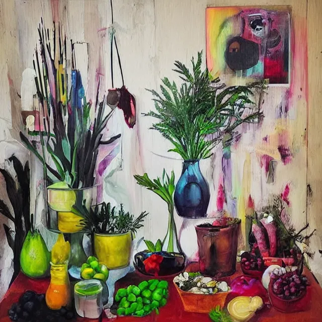 Image similar to “ a portrait in a female art student ’ s apartment, sensuous, vegetables, art supplies, paint tubes, palette knife, pigs, ikebana, herbs, a candle dripping white wax, squashed berries, berry juice drips, acrylic and spray paint and oilstick on canvas, surrealism, neoexpressionism ”