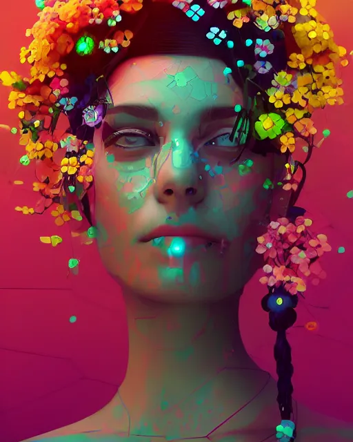 Image similar to a digital painting of a woman with flowers in her hair, cyberpunk art by beeple, behance contest winner, retrofuturism, voxel art, # pixelart, dystopian art