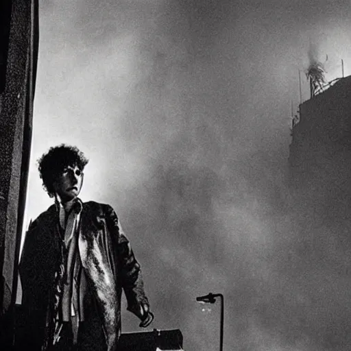 Image similar to 1 0 meter tall bob dylan terrorising the city, blade runner aesthetic