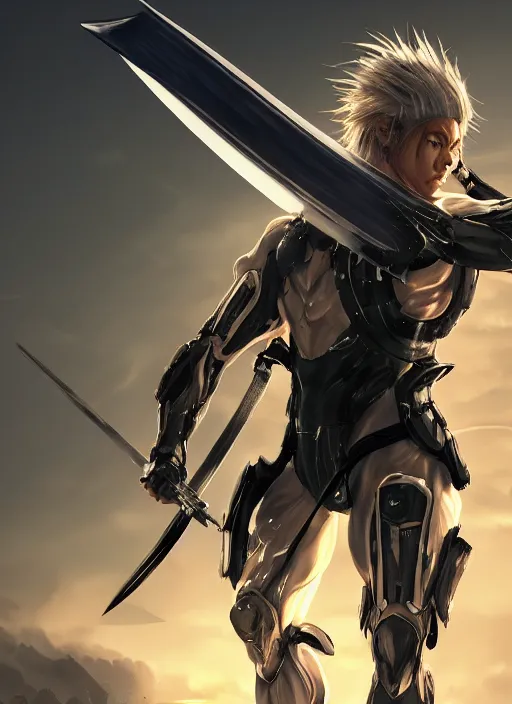 Image similar to a photorealistic hyperrealistic render of a raiden metal gear rising revengeance wielding a katana sword and wearing a asian conical hat, huge lightning from his hands, greg rutkowski, wlop, artgerm, dramatic moody sunset lighting, long shadows, volumetric, cinematic atmosphere, octane render, artstation, 8 k