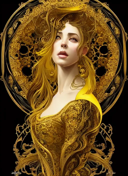 Image similar to beautiful black yellow, complicated gold the baroque style decoration, dark fantasy, intricate, elegant, highly detailed, digital painting, artstation, concept art, matte, 3 d 8 k octane rendered, sharp focus, illustration, octane rendered, art by artgerm and alphonse mucha, leesha hannigan, ross tran