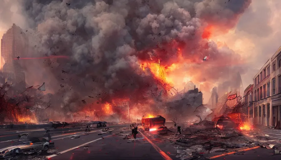 Image similar to washington dc destroying by missiles, explosions, fire, debris, buildings collapsing, damaged streets, people fleeing, smoke columns, war, hyperdetailed, artstation, cgsociety, 8 k