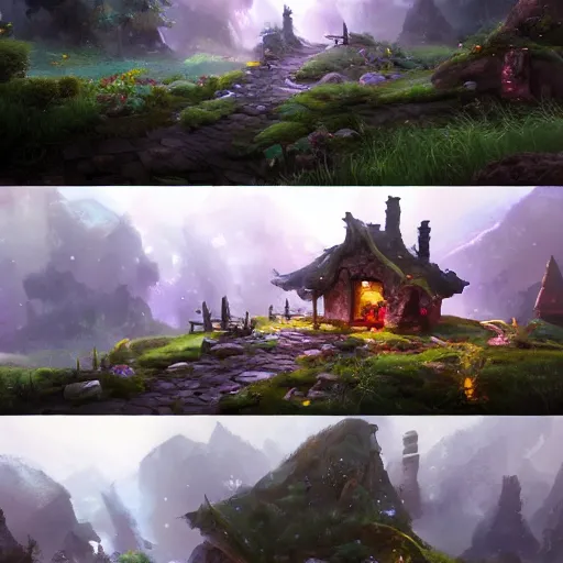 Prompt: hobbit home with a lake stund it,, fantasy scene, fairy particle, illustration comic manga painting of road environment : 6 fantasy environment, digital painting, volumetric lighting by feng zhu, 3 d alejandro alvarez alena aenami artworks in 4 k beeple, by thomas kinkade hearstone league of legends dofus overwatch