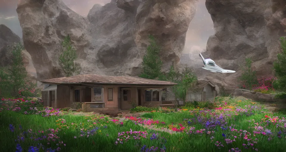 Image similar to small house in canyon filled with flowers, space ship flying by, photorealistic, trending on artstation, moody