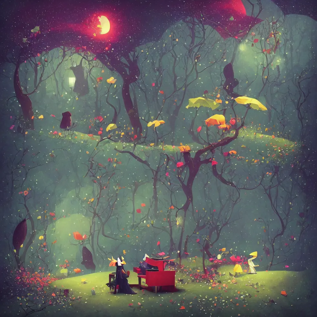 Image similar to low poly, pixar, la pianista Elesky tocando su piano en un surreal hybrid animals, nostalgia for a fairytale, magic realism, flowerpunk, mysterious vivid colors by andy kehoe and amanda clarke en un mundo de Gediminas Pranckevicius