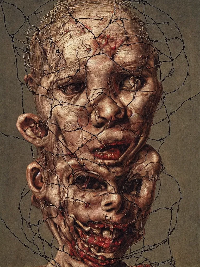 Image similar to a boy made of barbed wire looking into camera, screaming in pain, by giuseppe arcimboldo and ambrosius benson, renaissance, intricate and intense oil paint, a touch of beksinski and hr giger and edward munch, realistic