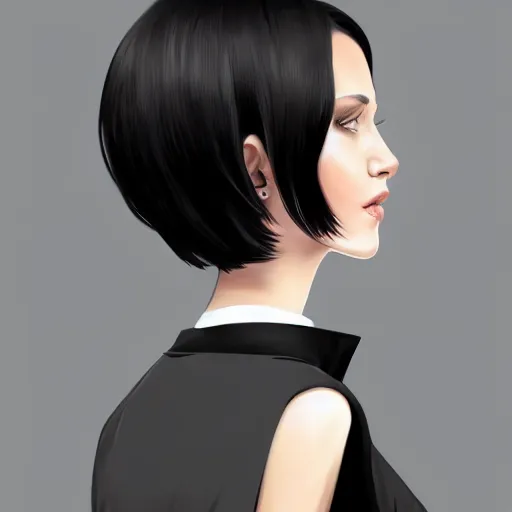 Image similar to slim girl in tuxedo with short black hair, elegant, 2d, ultra highly detailed, digital painting, smooth, sharp focus, artstation, art by Ilya Kuvshinov