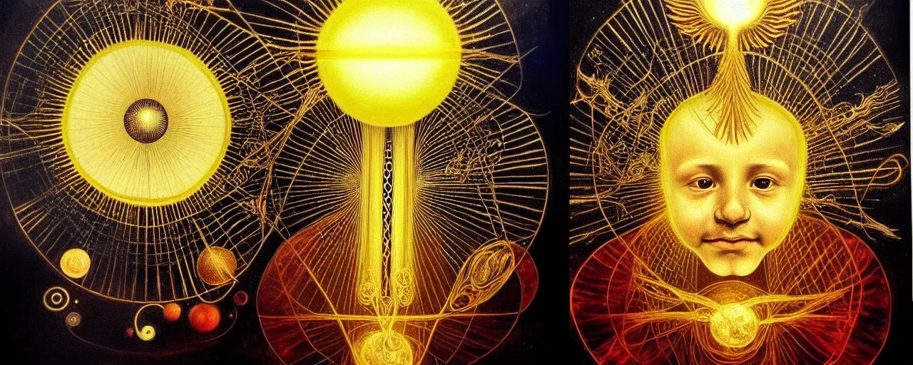 Image similar to a golden child radiates a unique canto'as above so below'while being ignited by the spirit of haeckel and robert fludd, breakthrough is iminent, glory be to the magic within, in honor of saturn, painted by ronny khalil