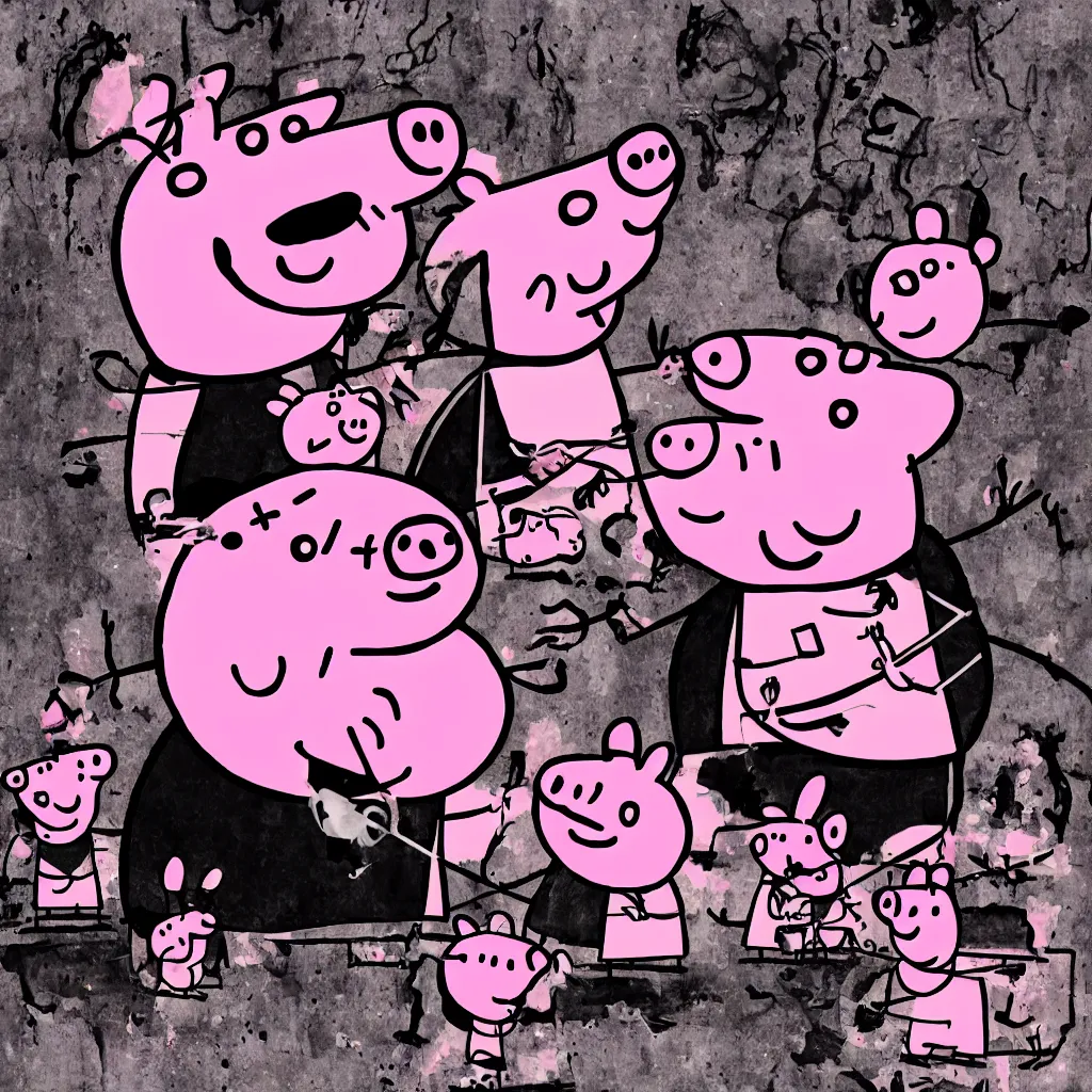 Prompt: Peppa the pig in a black metal band