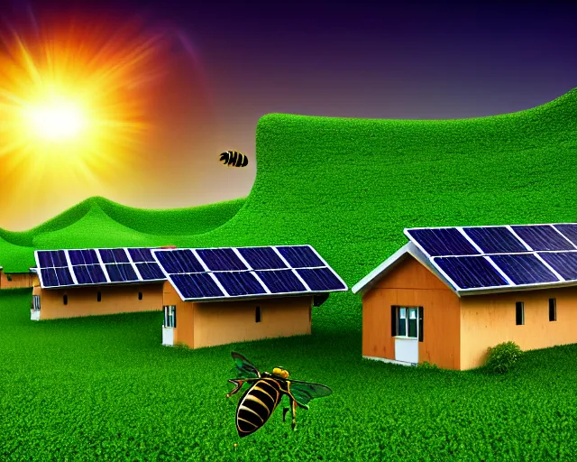 Image similar to connected ecovillage houses with solarpanel, very big bee and a cow is flying around - plant goddess high quality photo, microchip, artificial intelligence, bio - mechanical bio - luminescence, black wired cables, neurons, nerve cells, cinematic, rim light, photo - realistic, elegant, high detail, 8 k, masterpiece, high fashion, in the style of man ray