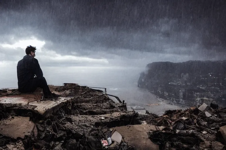 Prompt: Photo of a man sitting on the roof of a car in a sunken city in heavy rain., outdoor lighting, dynamic lighting, volumetric, wide angle, anamorphic lens, go pro, 4k