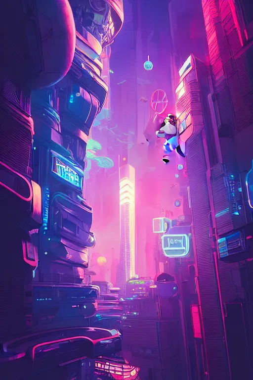 Prompt: A picture of an astronaut close to the camera in a upside down cyberpunk flying city by moebius, Neil Blevins and Jordan Grimmer, neon lights, surreal, :-volumetric lighting