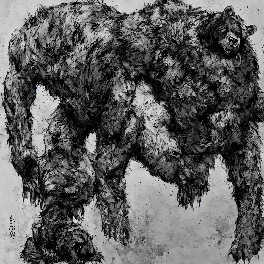 Image similar to large werebear in an alley, in the style of yoji shinkawa