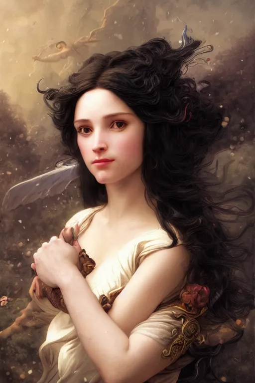 Image similar to a fantasy comic book style portrait painting of a beautiful woman with pale skin and long black hair, mystical valkyrie, francois boucher, oil painting, unreal 5, hyperrealistic, octane render, regal, refined, detailed digital art, rpg portrait, william - adolphe bouguereau, michael cheval, walt disney, steampunk, dynamic lighting, highly detailed, unreal engine