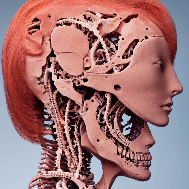 Prompt: portrait of beautiful!! horizontally symmetrical!! ceramic woman's head with coral!! reef hair. mechanical skeleton, biomechanical android. soft light painted by moebius, inspired by mary jane ansell, smooth face feature, horizontal symmetry!!!, intricate, studio photography, high detail
