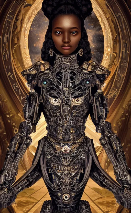 Prompt: beautiful young cyborg princess, dark skin, piercing glowing eyes, elegant, striking composition, ornate royal gown, highly detailed ornate sci fi background, mural in the style of sandro botticelli, caravaggio, albrecth durer, 8k