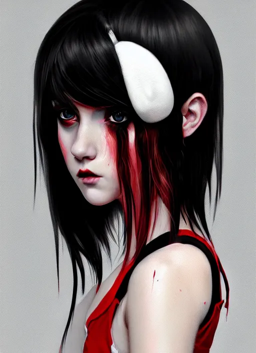 Image similar to portrait of white teenage girl, normal face, black bangs, mall goth, cyberlox, black and white hair, bangs, fluffy bangs, red contacts, intricate, elegant, highly detailed, digital painting, artstation, concept art, sharp focus, smooth, illustration, art by wlop, mars ravelo and greg rutkowski