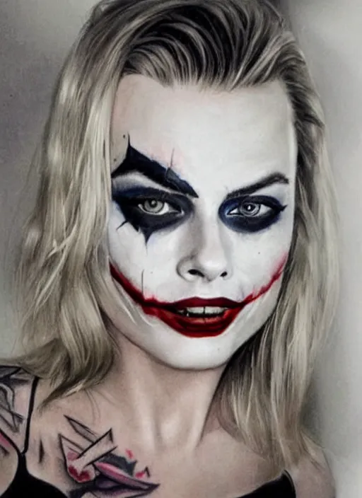 Image similar to tattoo design of margot robbie with joker makeup, ace card, realistic face, black and white, realism tattoo, hyper realistic, highly detailed