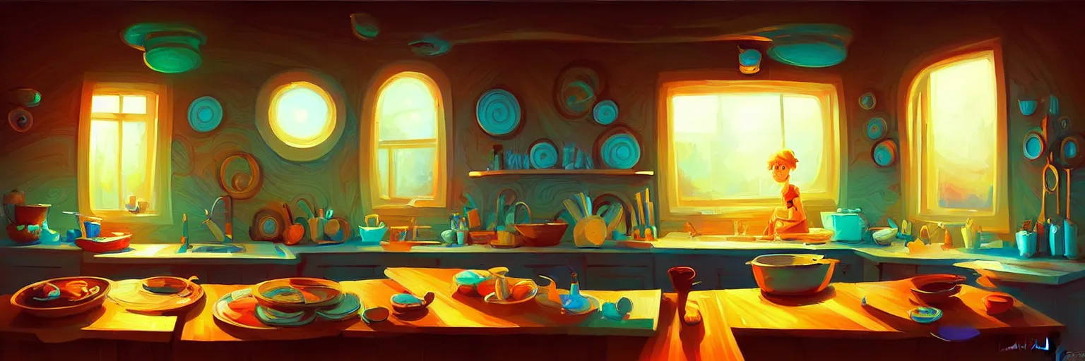 Prompt: fisheye spiral lines, naive nerikomi, weird perspective, extra narrow, detailed illustration of a kitchen dimly lit by rhads from lorax movie, trending artstation, wood texture