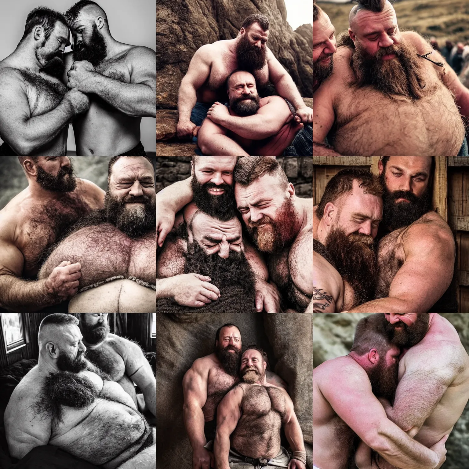 Prompt: strongmen giving each other love, hairy, resting on chest, warmth, cozy, wholesome, comforting, highly detailed, epic, vikings, rustic, manliness, soothing, photography