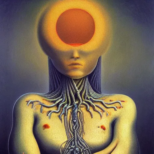 Image similar to the queen of the sun in the style of zdzisław beksiński and h.r. giger, oil on canvas, full body, open wide chest, intricately detailed artwork, full 8k high quality resolution, recently just found unknown masterpiece, renaissance painting, photorealism, 8k high detail, Sigma 85 mm f 1.4, Studio Light, Studio Ghibli, jacek yerka, alex gray, zdzisław beksiński, dariusz zawadzki, jeffrey smith and h.r. giger, oil on canvas, 8k highly professionally detailed, trending on artstation, her hair is thick and smooth, she is beautiful showing her true form, zdzisław beksiński and h.r. giger,zdzisław beksiński and h.r. giger,zdzisław beksiński and h.r. giger,zdzisław beksiński and h.r. giger, jeffrey smith, jeffrey smith, jeffrey smith, jeffrey smith, jeffrey smith, jeffrey smith, jeffrey smith, jeffrey smith, jeffrey smith, jeffrey smith