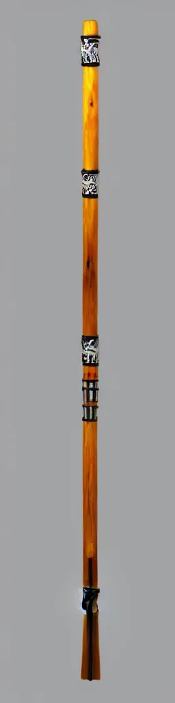 Image similar to single wooden long straight thin ninja fighting staff with oriental ornaments, weapon, highlight, vertical, centred, highly symmetric, sci - fi, fantasy, japan, dnd, close shot, bright uniform background, award winning, 8 k