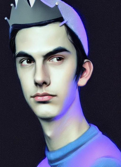 Image similar to portrait of teenage jughead jones wearing a light grey crown, crown, blue turtleneck, 1 9 5 0 s, closed eyes, photorealistic, black hair, glowing lighting, intricate, elegant, glowing lights, highly detailed, digital painting, artstation, concept art, smooth, sharp focus, illustration, art by wlop, mars ravelo and greg rutkowski