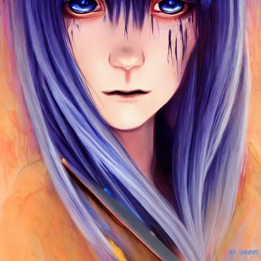 Image similar to imaginative painting of rimuru tempest, sky blue straight hair, long bangs, with amber eyes, wearing a black jacket, high collar, ultra detailed, brush strokes, skin texture, digital painting, cinematic, wlop artstation, closeup, pixiv, eerie, scary, intimidating glare, evil, junji ito, yoshitaka amano