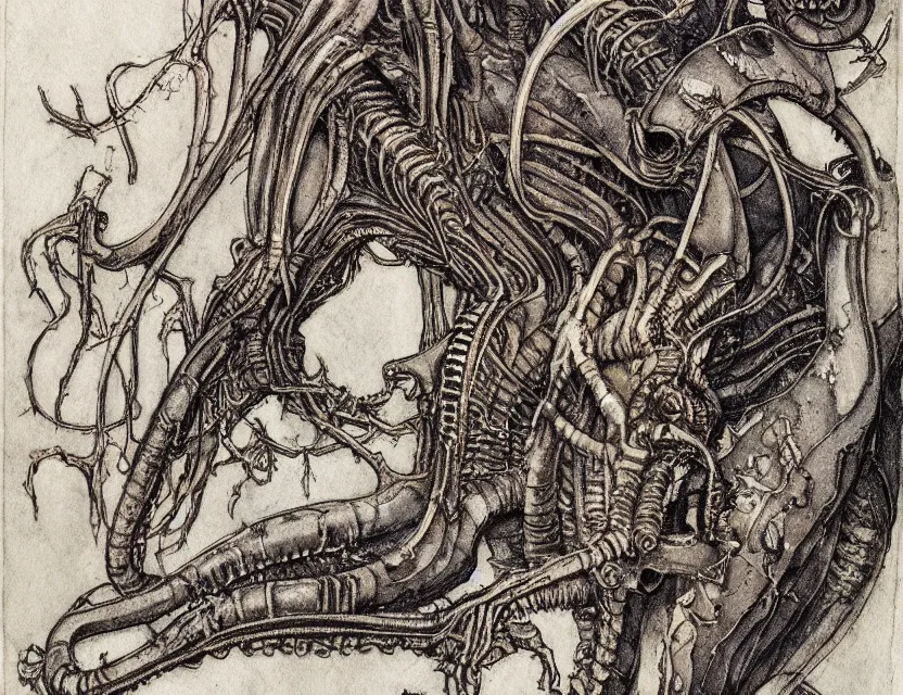 Prompt: a detailed, intricate watercolor and ink illustration with fine lines of h. r. giger's xenomorph, by arthur rackham and edmund dulac and lisbeth zwerger