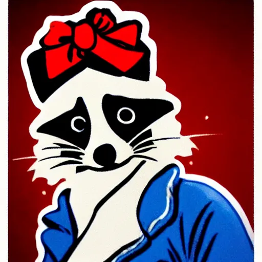 Image similar to a raccoon as rosie the riveter