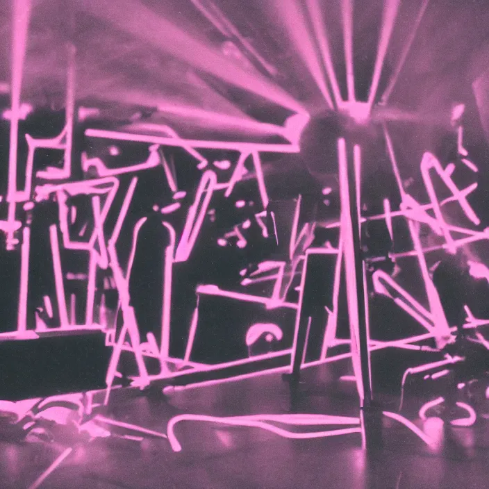 Prompt: concert stage, smoke machine, neon pink light, light beams, synthesizers and other instruments, dark silhouettes of band, seen from afar, 1 9 9 0 s album cover, superimposed images of woodwork tools, grainy