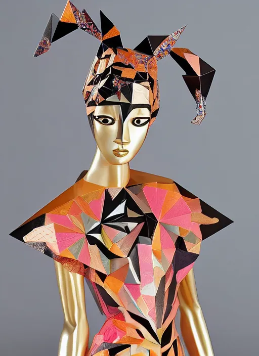 Prompt: portrait of a beautiful ceramic female tiger model wearing sakura and peach ( ( origami themed paper flower ) ) and metallic shapes haute couture by issey miyake