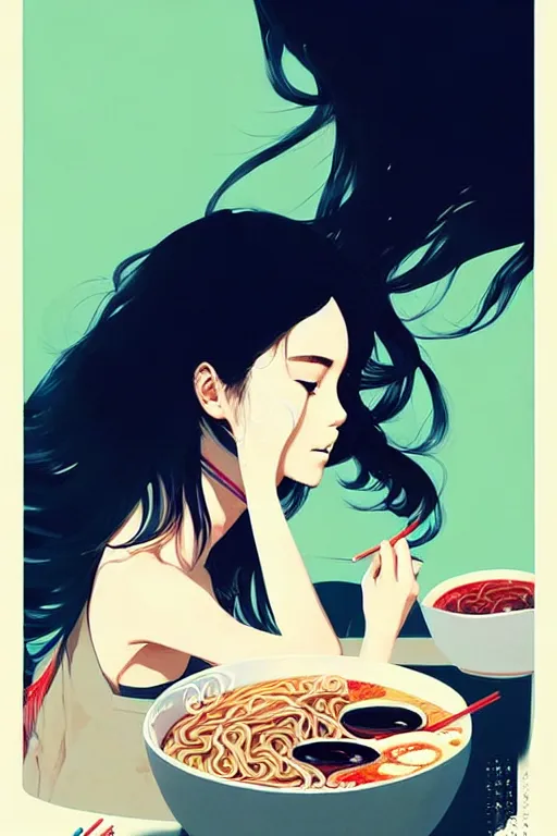 Prompt: a ultradetailed beautiful painting of a stylish woman eating ramen, by conrad roset, greg rutkowski and makoto shinkai trending on artstation