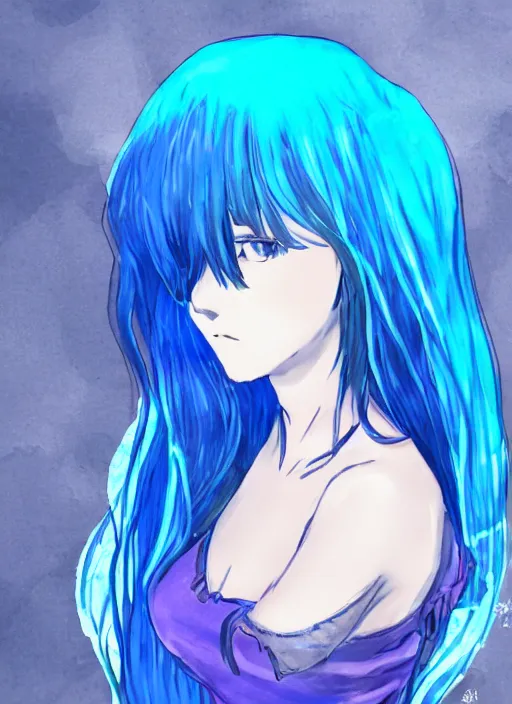 Image similar to a woman with blue hair sitting in the water, an anime drawing by yuumei, featured on pixiv, rayonism, pixiv, seapunk, anime