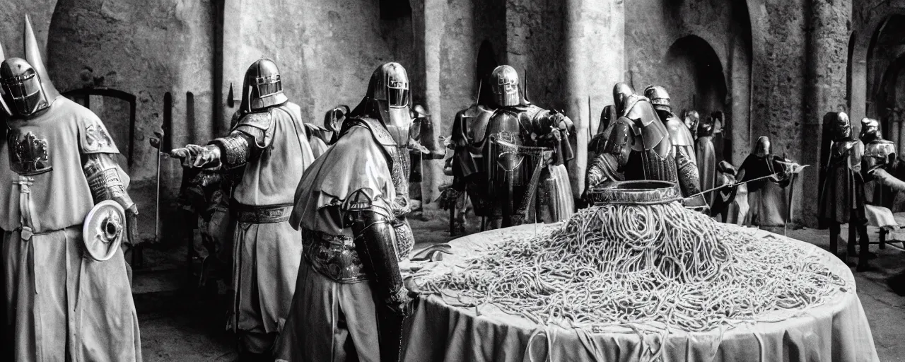 Image similar to knights protecting a giant mound of spaghetti, in a medieval castle, canon 5 0 mm, super detailed face, facial expression, cinematic lighting, photography, retro, film, kodachrome