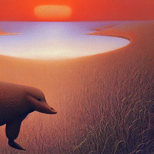 Prompt: platypus on vacation landscape painting by Zdzisław Beksiński