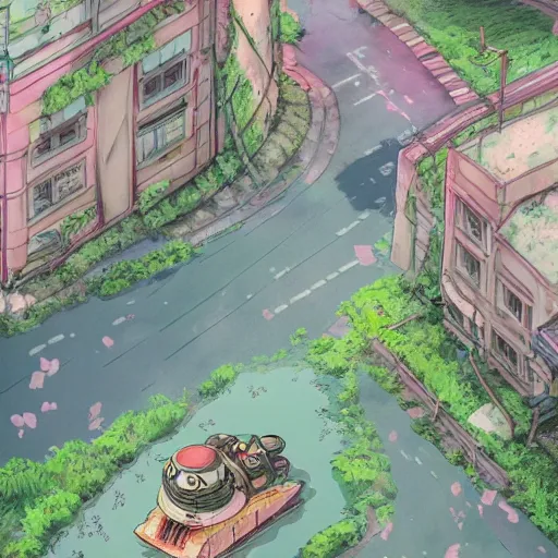 Prompt: a beautiful movie still in the style of Studio Ghibli anime showing a watermelon tank, in the streets of post-apocalyptic Singapore overrun by vegetation. Studio Ghibli, aerial photography, wide angle lens, trending on artstation, trending on behance