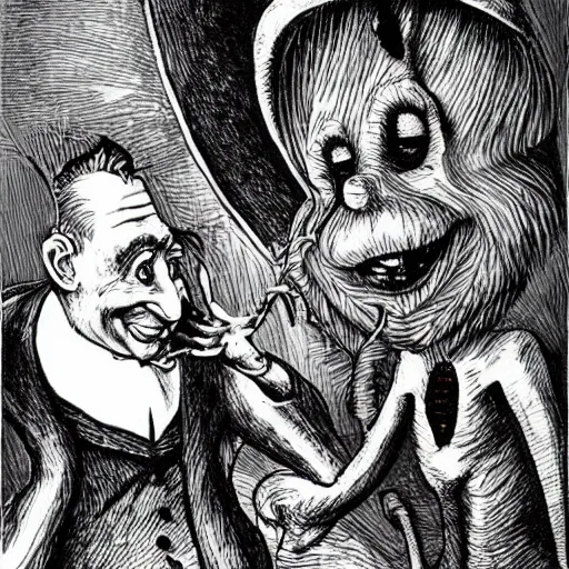 Prompt: twas brillig, and the slithy toves did gyre and gimble in the wabe | lewis carroll and hp lovecraft with doctor seuss and hr giger
