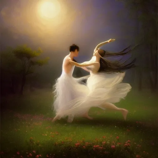 Prompt: the moonlit dance of the fae, dancers in white dancing across a flower meadow the moonlit dance by elena vizerskaya and ivan aivazovsky, perfectly detailed, artstation, sharp focus, highly detailed, studio photography, photorealism, atmospheric, trending on artstation, surrealist, volumetric lighting