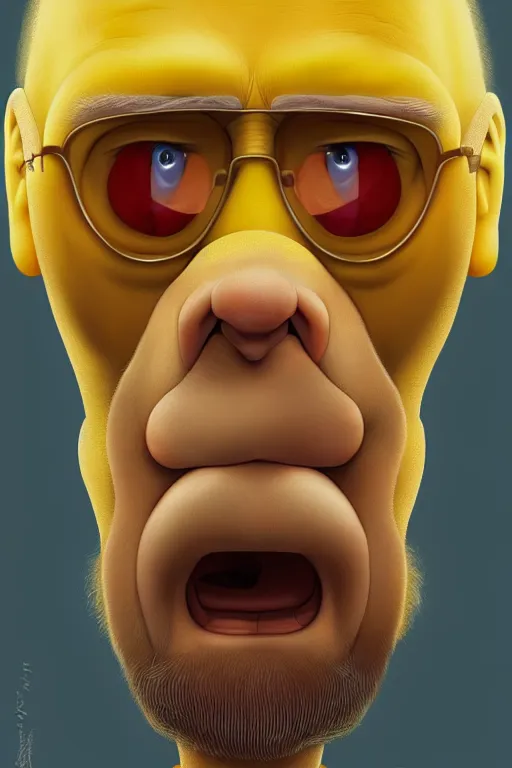 Image similar to vladimir putin as a yellow funny character from the simpsons, realistic portrait, symmetrical, highly detailed, digital painting, artstation, concept art, smooth, sharp focus, illustration, cinematic lighting, art by artgerm and greg rutkowski and alphonse mucha