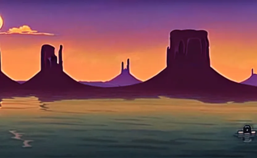 Image similar to a cell - shaded cartoon movie still from howl's moving castle ( 2 0 0 4 ) of a chrome ufo over a flooded monument valley at sunset. very dull muted colors, hd, 4 k, hq