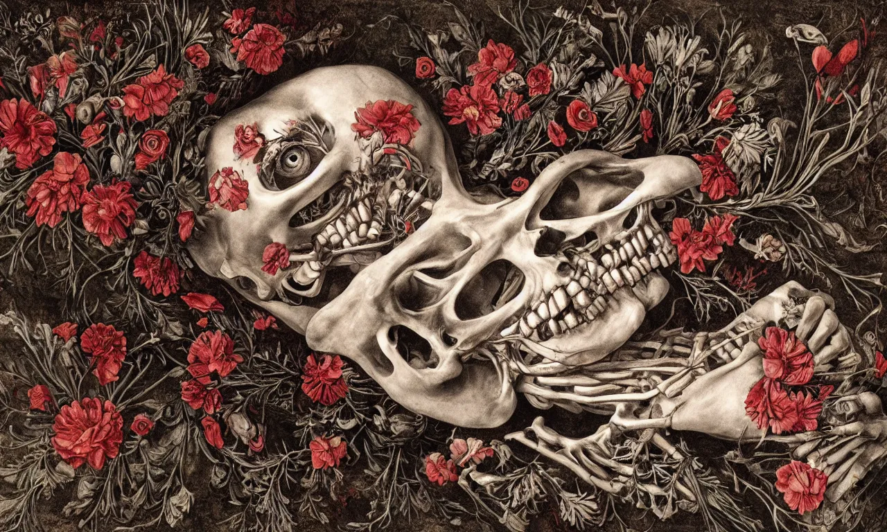 Image similar to anatomical man with large eyes and lips laying in bed of bones of flowers, an existential dread of love, HD Mixed media, highly detailed and intricate, surreal illustration in the style of Caravaggio, baroque dark art