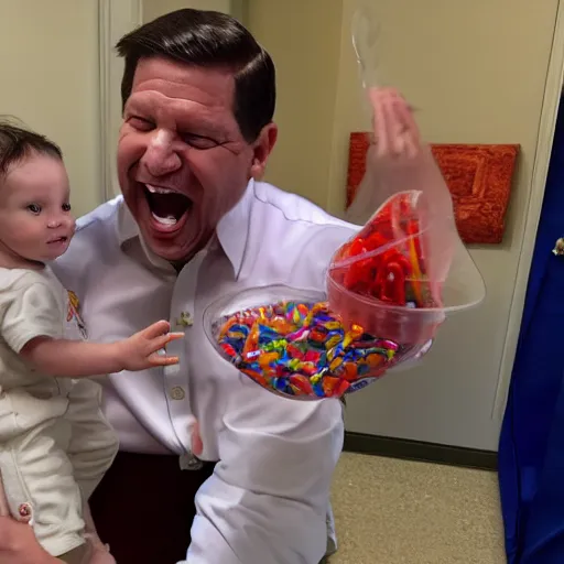 Image similar to ron desantis taking candy from babies and laughing maniacally about it, very realistic