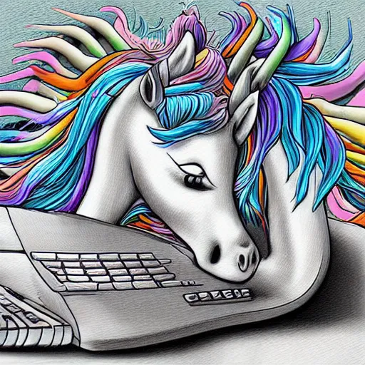 Image similar to a unicorn hacking a computer, digital art