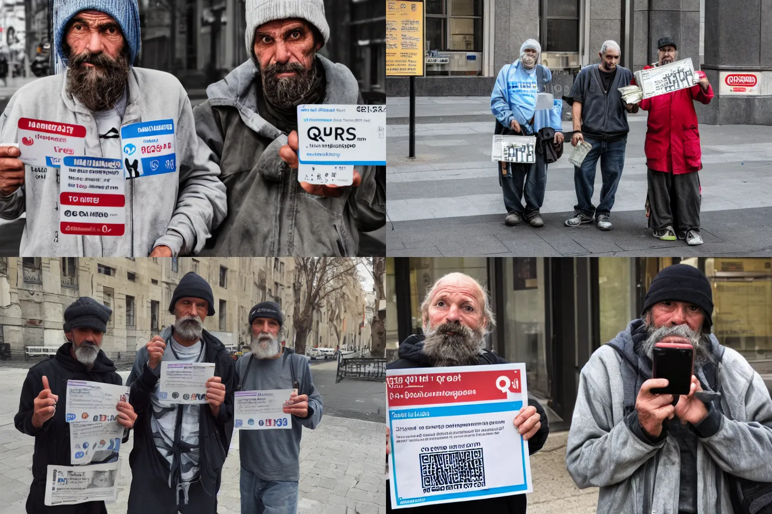 Prompt: two homeless men showing QR codes, asking for change, detailed HD photography,