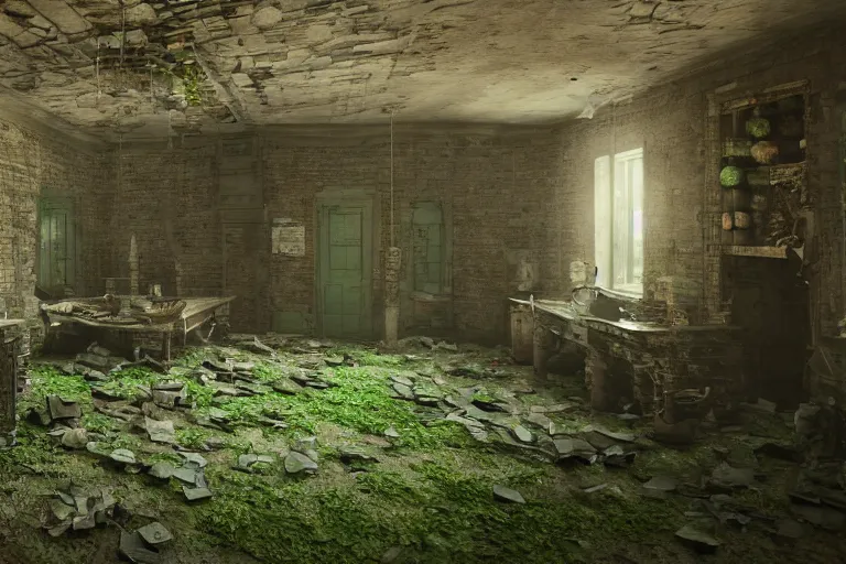 Image similar to ruined, abandoned, magicians laboratory, seen from inside. Green whisps of magic illuminate parts of the room. Smoke. Dirt, leaves on ground. Octane render. Substance painter. Zbrush. Trending on artstation. 8K. Highly detailed.