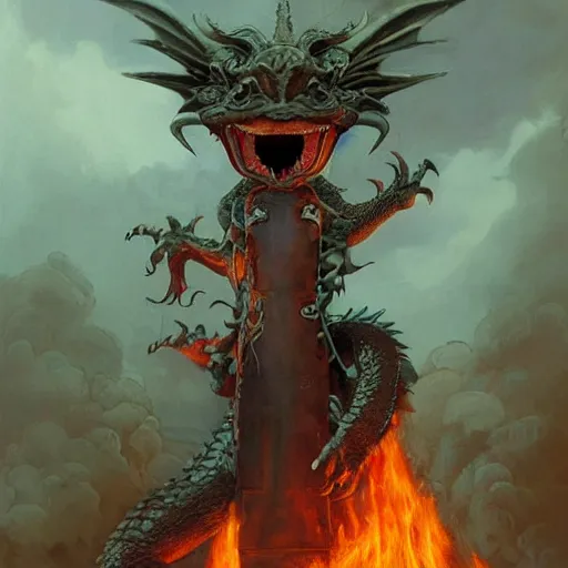 Image similar to a beautiful dragon with big eyes stuck in the ground, the dragon is on fire, smoke, rainstorm, lightning, angry, kinetic, john sargent, adolphe bouguereaum, norman rockwell, peter deligdisch, jama jurabaev, sachin teng, sergey kolesov, ruan jia, trending on artstation, highly detailed oil painting,